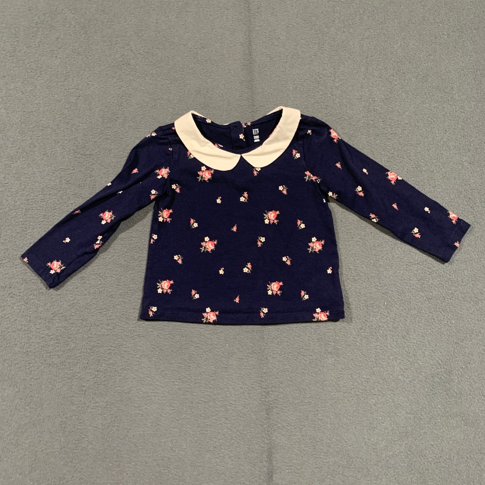 Baby Gap Toddler Girls Navy Micro Floral Peter Pan Collar Long Sleeve Top 3T